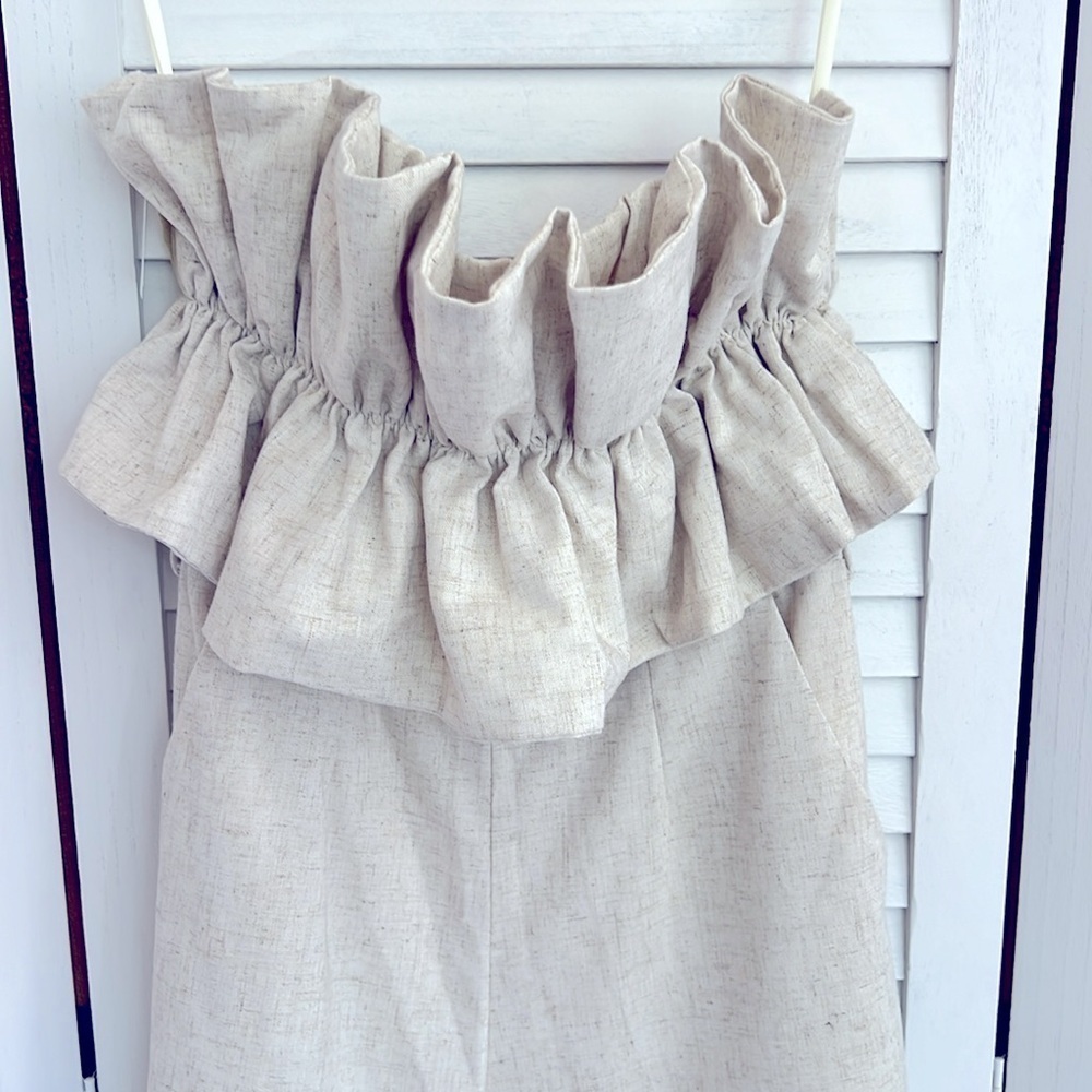 Azura Beige Ruffle Open Back Pockets Linen Capri Wide Leg Jumpsuit Small - Picture 5 of 11